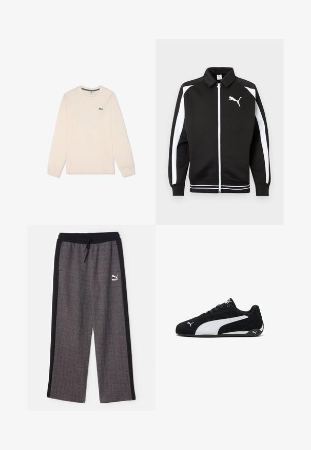 Chaqueta deportiva negra con cremallera, con rayas blancas en las mangas, logo de Puma blanco en el pecho y detalle de dobladillo con rayas blancas.; Camisa de manga larga de algodón color crema. Presenta un pequeño logotipo verde de "FILA" en el pecho y un diseño de cuello redondo con puños acanalados.; Puma RELAXED TRACK PANTS - Pantalones deportivos - black/alpine snow; Zapatillas deportivas de ante negro con una franja lateral blanca, detalles de marca en blanco, suela plana negra y cordones negros.
