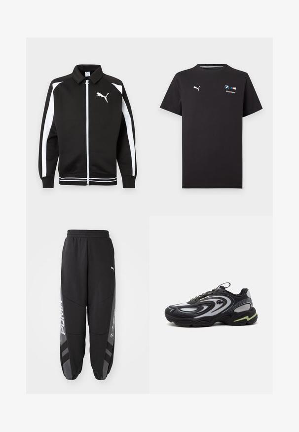 Čierna športová bunda na zips s bielymi pruhmi na rukávoch, bielym logom Puma na hrudi a detailmi na leme s bielymi pruhmi.; Čierne tričko s krátkym rukávom s logom Puma na ľavej strane hrudníka a logom BMW Motorsport na pravej strane hrudníka.; Čierne jogger nohavice vyrobené z mäkkého materiálu. Majú elastický pás, zúžené nohy, sivé akcenty a biele logá po stranách.; Čierno-sivá teniska Lacoste Storm 2K s vlnitými vzormi, šnurovaným dizajnom a hrubou podrážkou s svetlozeleným akcentom.