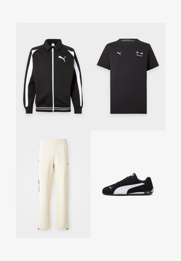 Chaqueta deportiva negra con cremallera, con rayas blancas en las mangas, logo de Puma blanco en el pecho y detalle de dobladillo con rayas blancas.; Camiseta negra de manga corta con el logo de Puma en el lado izquierdo del pecho y el logo de BMW Motorsport en el lado derecho del pecho.; Pantalones de chándal de color beige claro, hechos de un tejido suave. Presentan un logo negro, bolsillos laterales con cremalleras y un corte relajado.; Zapatillas deportivas de ante negro con una franja lateral blanca, detalles de marca en blanco, suela plana negra y cordones negros.