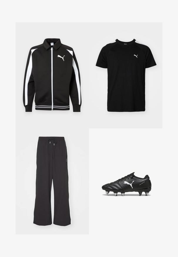 Schwarze Sportjacke mit Reißverschluss, weißen Streifen an den Ärmeln, weißem Puma-Logo auf der Brust und weiß gestreiften Details am Saum.; Schwarzes Kurzarm-T-Shirt mit weißen Akzentstreifen auf den Schultern, runden Halsausschnitt und kleinem weißen Logo auf der linken Brust. Weicher Stoff, klassische Passform.; Schwarze weite Sweatpants mit elastischem Bund und Kordelzug. Mit weißen Seitenstreifen und zwei Seitentaschen. Glatte Textur.; Schwarze Fußballschuhe aus strukturiertem Material, mit weißem Puma-Logo, Schnürverschluss und Metallnägeln für besseren Halt. Das Design betont Leistung und Unterstützung.
