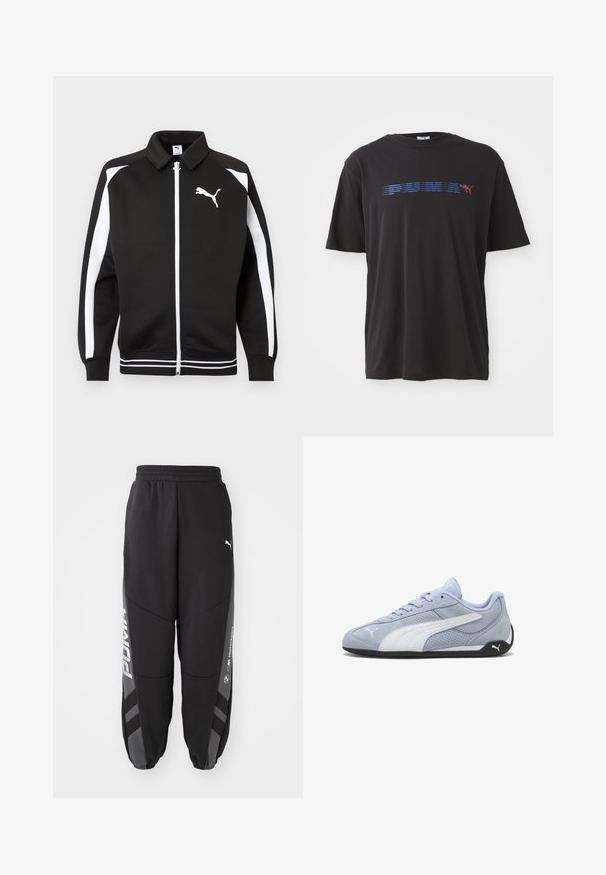 Schwarze Sportjacke mit Reißverschluss, weißen Streifen an den Ärmeln, weißem Puma-Logo auf der Brust und weiß gestreiften Details am Saum.; Schwarzes Baumwoll-T-Shirt mit einem blauen horizontalen Streifen und dem Wort "PUMA" sowie einem roten Logo eines springenden Pumas auf der Vorderseite. Kurze Ärmel.; Schwarze Jogginghosen aus weichem Material. Mit elastischem Bund, schmal zulaufenden Beinen, grauen Akzenten und weißen Logos an den Seiten.; Hellblauer Wildleder-Sneaker mit weißen Akzenten, perforierter Textur und schwarzer Gummisohle. Verfügt über Schnürsenkel und ein seitliches Logo.