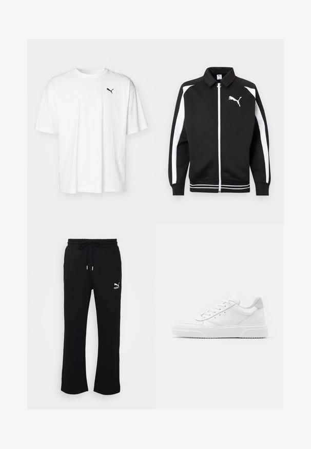 Veste de sport noire zippée avec des rayures blanches sur les manches, logo Puma blanc sur la poitrine et détails de ourlet à rayures blanches.; T-shirt en coton blanc avec un col rond et des manches courtes. Présente un petit logo noir Puma sur la poitrine gauche. Texture douce.; Pantalons de survêtement noirs avec taille à cordon, dotés d'une taille côtelée et de poches latérales. Le logo Puma est affiché sur la cuisse gauche.; Des baskets en cuir blanc avec une finition lisse, un bout rond, des lacets plats et une semelle texturée. Accents en daim gris au niveau du talon.