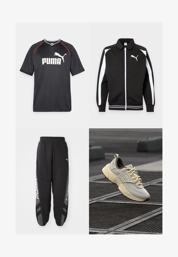 Sort sportsjakke med lynlås, hvide striber på ærmerne, hvidt Puma-logo på brystet og detaljer med hvidstribet kant.; Sort Puma sportstrøje med korte ærmer, hvidt logo, røde detaljer langs skuldrene og v-udskæring. Fremstillet af letvægtsmateriale.; Sorte joggebukser lavet af blødt materiale. Har elastisk talje, tapered ben, grå detaljer og hvide logoer på siderne.; Beige mesh sneakers med lysegrå accenter, tekstureret sål og flade snørebånd, med en polstret krave og en formet gummisål.