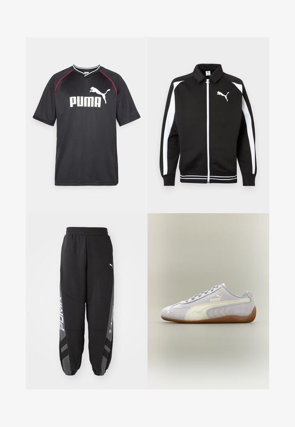 Čierna športová bunda na zips s bielymi pruhmi na rukávoch, bielym logom Puma na hrudi a detailmi na leme s bielymi pruhmi.; Čierne športové tričko Puma s krátkymi rukávmi, biele logo, červené akcenty na pleciach a výstrih v tvare V. Vyrobené z ľahkého materiálu.; Čierne jogger nohavice vyrobené z mäkkého materiálu. Majú elastický pás, zúžené nohy, sivé akcenty a biele logá po stranách.; Svetlosivá semišová teniska Puma s bielym pásikovým detailom a gumovou podrážkou, pohľad z vonkajšej strany na neutrálne pozadie.
