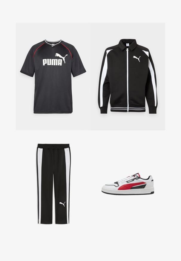 Sort sportsjakke med lynlås, hvide striber på ærmerne, hvidt Puma-logo på brystet og detaljer med hvidstribet kant.; Sort Puma sportstrøje med korte ærmer, hvidt logo, røde detaljer langs skuldrene og v-udskæring. Fremstillet af letvægtsmateriale.; Sorte træningsbukser med hvide sidelister, elastik i taljen, lynlåslommer i siden og hvidt Puma-logo på venstre ben.; Hvid sneaker med røde og sorte accenter, læderoverdel, kraftig sål og kontrasterende syninger. Har et fremtrædende logo på siden.