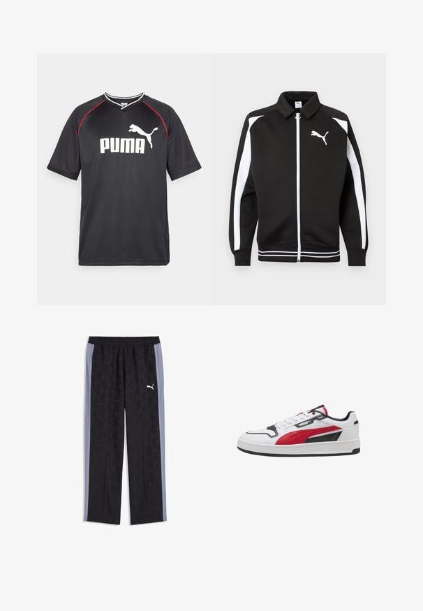 Chaqueta deportiva negra con cremallera, con rayas blancas en las mangas, logo de Puma blanco en el pecho y detalle de dobladillo con rayas blancas.; Camiseta deportiva negra de Puma con mangas cortas, logo blanco, acentos rojos en los hombros y cuello en forma de V. Fabricada con material ligero.; Pantalones deportivos Puma negros y grises con un sutil patrón geométrico y cintura elástica, con el logo blanco de Puma en el muslo derecho.; Zapatilla blanca con acentos rojos y negros, parte superior de cuero, suela gruesa y costuras en contraste. Presenta un logo prominente en el costado.