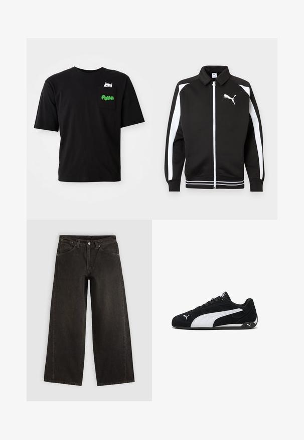 Sort sportsjakke med lynlås, hvide striber på ærmerne, hvidt Puma-logo på brystet og detaljer med hvidstribet kant.; Sort bomulds T-shirt med korte ærmer, med en lomme med et katte-grafik og grøn "PUMA" tekst. Casual pasform og glat tekstur.; Sorte vidbenede denimjeans med forlommer, knaplukning og bæltestropper, vist fladt på en lys baggrund.; Sorte ruskinds sportsko med en hvid lateralstribe, hvide mærkeaccenter, flad sort sål og sorte snørebånd.