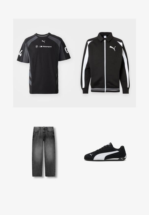 Chaqueta deportiva negra con cremallera, con rayas blancas en las mangas, logo de Puma blanco en el pecho y detalle de dobladillo con rayas blancas.; Camiseta negra con acentos grises, de mangas cortas y cuello redondo, que presenta los logotipos de BMW y Puma, y el número '4' en la manga.; Vaqueros de mezclilla negros descoloridos de pierna recta con botón frontal, cremallera y diseño de cinco bolsillos, exhibidos planos sobre un fondo blanco.; Zapatillas deportivas de ante negro con una franja lateral blanca, detalles de marca en blanco, suela plana negra y cordones negros.