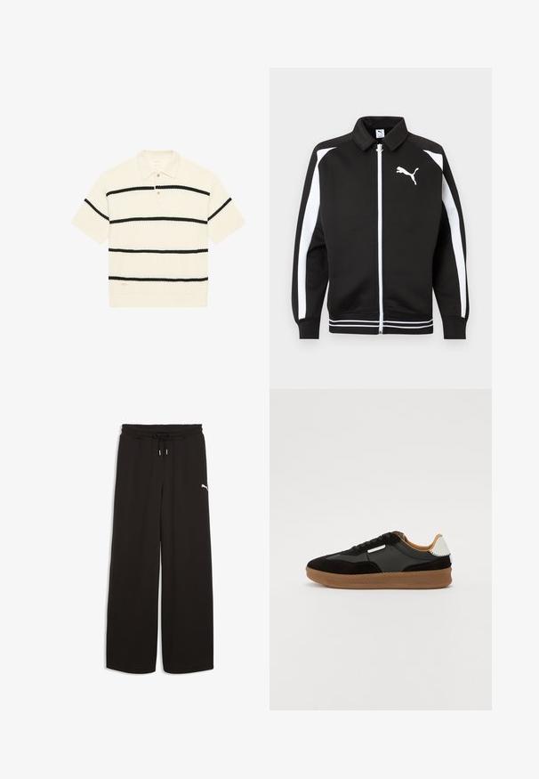 Zwarte sportjas met ritssluiting, witte strepen op de mouwen, wit Puma-logo op de borst en witte gestreepte zoom.; Korte mouwen polo shirt, wafelstructuur, crème kleur met zwarte horizontale strepen, drie-knopen sluiting, ribbelkraag en -zoom.; Zwarte sweatpants met wijde pijpen, een elastische tailleband en een trekkoord, met een klein wit Puma-logo op de rechterdij.; Zwart en grijs suède en leren sneakers met een gumrubberen zool, voorzien van zwarte veters en een witte accent op de hak.