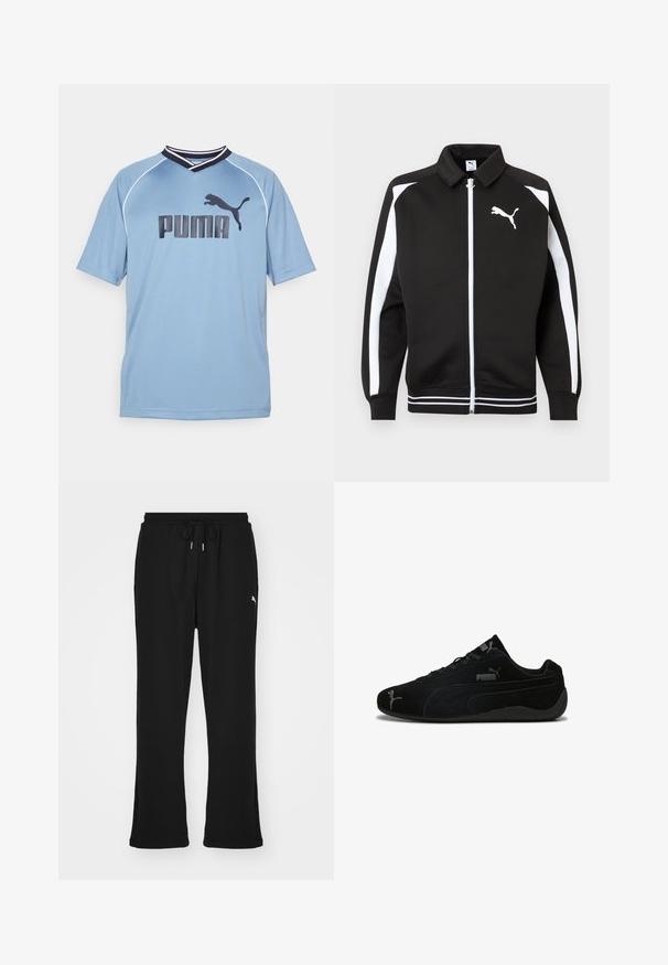 Čierna športová bunda na zips s bielymi pruhmi na rukávoch, bielym logom Puma na hrudi a detailmi na leme s bielymi pruhmi.; Svetlomodrá športová košeľa s krátkymi rukávmi, V-výstrihom, s čiernym logom Puma a bielymi akcentmi na golieri a rukávoch.; Čierne teplákové nohavice s elastickým pásom a šnúrkou, so bočnými vreckami a nenápadným logom na ľavom stehne. Mäkká tkanina, rozšírený strih.; Čierne semišové športové topánky s nízkym profilom. Majú textúrovaný dizajn, čiernu gumovú podrážku a strieborné akcenty loga Puma.