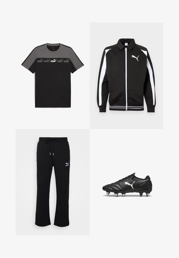 Schwarze Sportjacke mit Reißverschluss, weißen Streifen an den Ärmeln, weißem Puma-Logo auf der Brust und weiß gestreiften Details am Saum.; Schwarz-graues T-Shirt mit kurzen Ärmeln und rundem Ausschnitt, das ein wiederholtes weißes 'PUMA'-Logo über der Brust aufweist und aus glattem Baumwollmaterial besteht.; Schwarze Jogginghose mit Kordelzug, ausgestattet mit einem gerippten Bund und Seitentaschen. Das Puma-Logo ist am linken Oberschenkel angebracht.; Schwarze Fußballschuhe aus strukturiertem Material, mit weißem Puma-Logo, Schnürverschluss und Metallnägeln für besseren Halt. Das Design betont Leistung und Unterstützung.