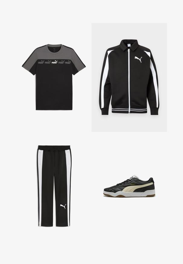 Čierna športová bunda na zips s bielymi pruhmi na rukávoch, bielym logom Puma na hrudi a detailmi na leme s bielymi pruhmi.; Čierne a sivé tričko s krátkym rukávom a okrúhlym výstrihom, s opakujúcim sa bielym logom 'PUMA' na hrudi a hladkou bavlnenou textúrou.; Čierne teplákové nohavice s bielymi pruhmi po bokoch, elastickým pásom, vreckami na zips po bokoch a bielym logom Puma na ľavej nohe.; Čierne kožené tenisky s krémovým prúžkom, gumovou podrážkou a bielymi akcentmi. Vlastnosti zahŕňajú textúrovaný povrch a šnurovací dizajn.