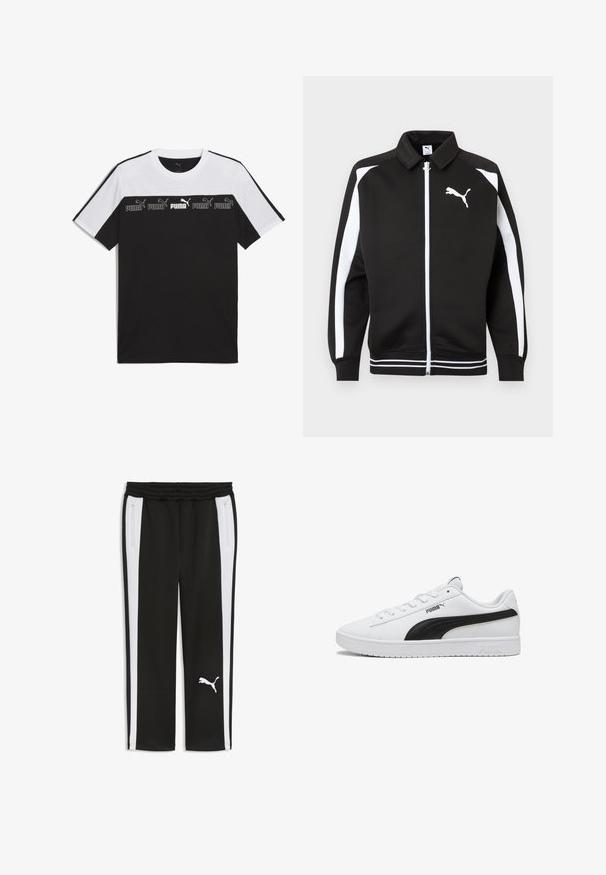 Čierna športová bunda na zips s bielymi pruhmi na rukávoch, bielym logom Puma na hrudi a detailmi na leme s bielymi pruhmi.; Čierno-biely krátky rukáv bavlnené tričko, s odvážnym grafickým logom PUMA v strede a textúrovaným dizajnom na hrudníku.; Čierne teplákové nohavice s bielymi pruhmi po bokoch, elastickým pásom, vreckami na zips po bokoch a bielym logom Puma na ľavej nohe.; Biela nízka teniska Puma s čiernym bočným pruhom, bielymi šnúrkami a logom Puma na podrážke a boku, zobrazená v profilovom náhľade.