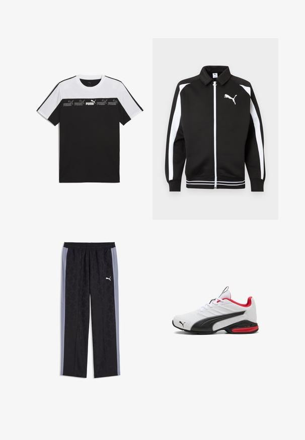 Schwarze Sportjacke mit Reißverschluss, weißen Streifen an den Ärmeln, weißem Puma-Logo auf der Brust und weiß gestreiften Details am Saum.; Schwarz-weiße kurzärmlige T-Shirt aus Baumwolle, mit einem auffälligen PUMA-Logo in der Mitte und einem strukturierten Design auf der Brust.; Schwarze und graue Puma-Trainingshose mit dezentem geometrischem Muster und elastischem Taillenbund, mit weißem Puma-Logo am rechten Oberschenkel.; Weißer Sportschuh mit einer schwarzen synthetischen Überlagerung, roten Akzenten, strukturierter Sohle und sichtbarem Schnürsystem. Mit Puma-Logo an der Seite.