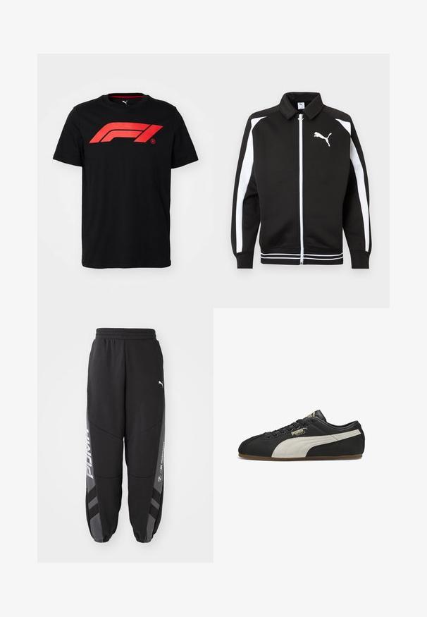 Chaqueta deportiva negra con cremallera, con rayas blancas en las mangas, logo de Puma blanco en el pecho y detalle de dobladillo con rayas blancas.; Camiseta de algodón negra que presenta un gran logo rojo de Fórmula 1 en el frente. Cuello redondo y mangas cortas, textura suave.; Pantalones de chándal negros hechos de material suave. Con cinturilla elástica, piernas ajustadas, detalles en gris y logotipos blancos en los laterales.; Zapatilla Puma de perfil bajo en negro con franja lateral beige, cordones negros y suela de goma, mostrando el lado exterior izquierdo con la marca "Puma Tackle".