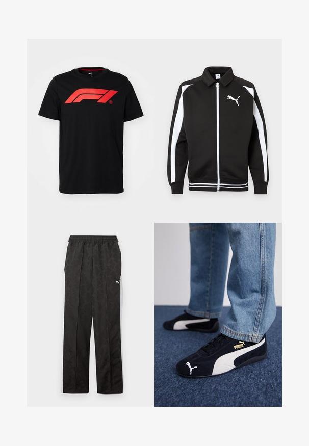 Sort sportsjakke med lynlås, hvide striber på ærmerne, hvidt Puma-logo på brystet og detaljer med hvidstribet kant.; Sort bomulds T-shirt med et stort rødt Formula 1-logo på forsiden. Rund halsudskæring og korte ærmer, glat tekstur.; Sorte atletikbukser med subtilt mønster, hvide sidestriber, elastisk taljebånd og et hvidt Puma-logo på den øverste lår.; Sorte ruskinds sneakers med hvide detaljer og et guldlogo. Båret med lyseblå denimjeans og sat på en struktureret blå overflade.