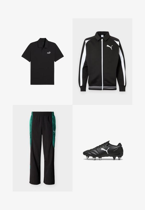 Schwarze Sportjacke mit Reißverschluss, weißen Streifen an den Ärmeln, weißem Puma-Logo auf der Brust und weiß gestreiften Details am Saum.; Schwarzes Polohemd aus Baumwolle mit klassischem Kragen, kurzen Ärmeln und einem weißen Puma-Logo auf der linken Brust. Glatte Textur.; Schwarze Sporthose mit grünen gemusterten Seitenpaneelen und einem elastischen Bund, mit einem weißen Puma-Logo auf der rechten Seite.; Schwarze Fußballschuhe aus strukturiertem Material, mit weißem Puma-Logo, Schnürverschluss und Metallnägeln für besseren Halt. Das Design betont Leistung und Unterstützung.