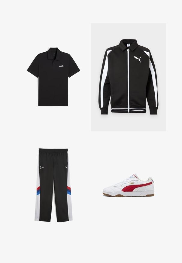 Must spordijope, millel on valged triibud varrukaosadel, valge Puma logo rinnal ja valget värvi triibuline ääredetail.; Must must valge polo särk, mis on valmistatud puuvillast, klassikalise kraega, lühikeste varrukatega ja mille vasakul rinnal on valge Puma logo. Sujuv tekstuur.; Mustad spordipüksid laia jala disainiga, millel on valged külgpaneelid ja punased ja sinised triibud. Elastne vöökoht, et reguleerida sobivust.; Valged tennisjalanõud punaste aktsentidega, kummist tald, pehmendatud krae, nahast ja sünteetilisest materjalist ülemine osa, millel on küljes kuldne logo ja tekstuuritud detailid.