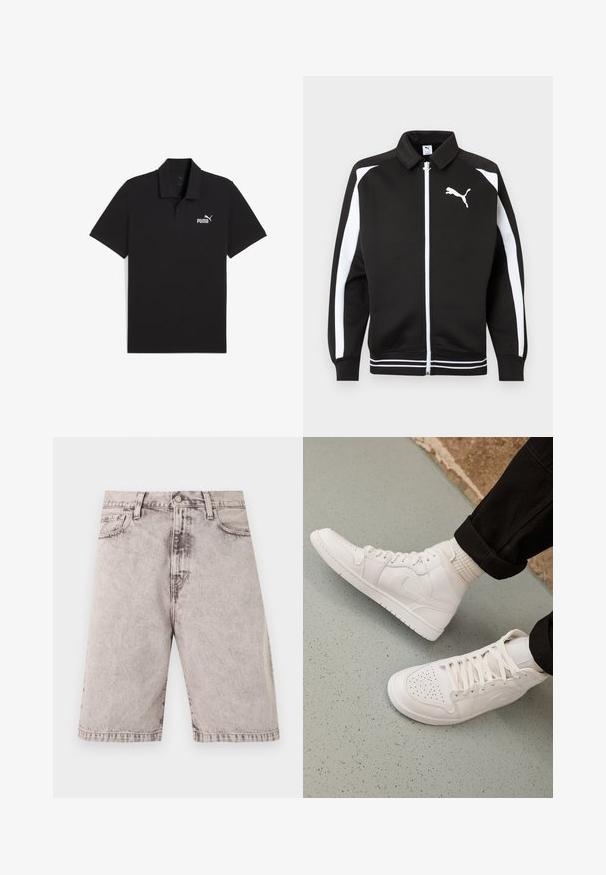 Veste de sport noire zippée avec des rayures blanches sur les manches, logo Puma blanc sur la poitrine et détails de ourlet à rayures blanches.; Polo noir en coton, avec un col classique, des manches courtes et un logo Puma blanc sur la poitrine gauche. Texture lisse.; Short en denim gris clair avec bouton devant, fermeture éclair, passants pour ceinture et poches latérales, présenté sur un fond blanc.; Baskets montantes blanches en cuir lisse avec un bout perforé, fermeture à lacets et un discret logo sur le côté. Semelle en caoutchouc texturé.