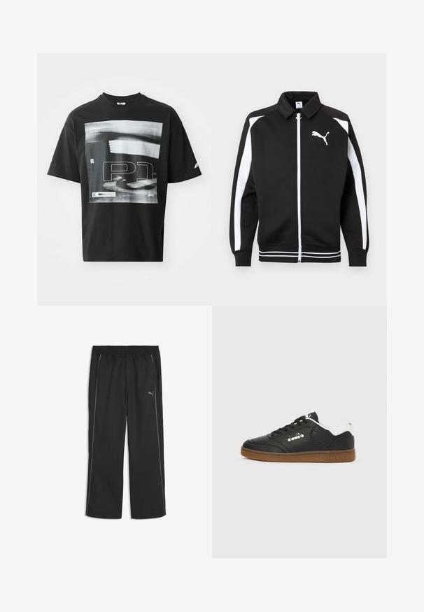 Sort sportsjakke med lynlås, hvide striber på ærmerne, hvidt Puma-logo på brystet og detaljer med hvidstribet kant.; Sort bomulds T-shirt med grafisk tryk, der inkluderer tekstelementerne "FORMULA 1 RACING" og "P1." Rund hals og korte ærmer.; Sorte atletikbukser med elastisk talje, sidelommer, tynde kontrasterende sidelister og Puma-logo på højre lår.; Sort lædersneakers med hvid hælkappe, gummisål, sorte snørebånd og sølvfarvet Diadora-logo på siden og sålen.