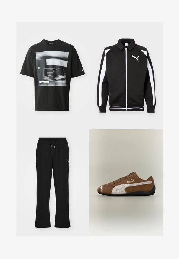Sort sportsjakke med lynlås, hvide striber på ærmerne, hvidt Puma-logo på brystet og detaljer med hvidstribet kant.; Sort bomulds T-shirt med grafisk tryk, der inkluderer tekstelementerne "FORMULA 1 RACING" og "P1." Rund hals og korte ærmer.; Sorte sweatpants med elastisk talje og snor, med sidelommer og et diskret logo på venstre ben. Blødt stof, flagrende form.; Brun ruskindsneaker med hvide accenter og tekstureret design. Har en sort gummisål og et fremtrædende Puma-logo på siden.