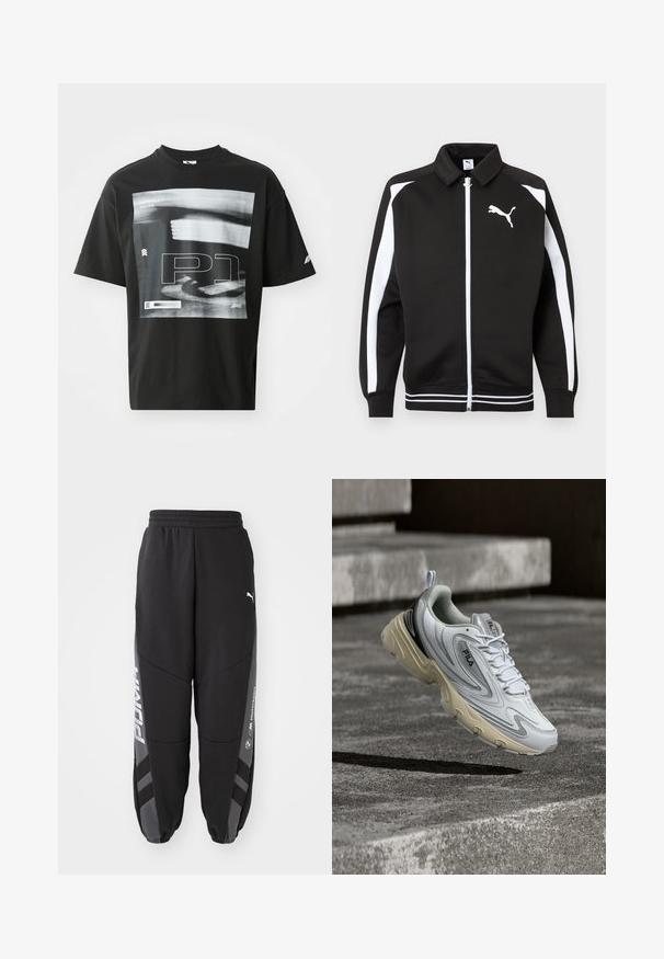 Čierna športová bunda na zips s bielymi pruhmi na rukávoch, bielym logom Puma na hrudi a detailmi na leme s bielymi pruhmi.; Čierne bavlnené tričko s grafickým potlačou, ktoré obsahuje textové prvky, vrátane „FORMULA 1 RACING“ a „P1“. Má okrúhly výstrih a krátke rukávy.; Čierne jogger nohavice vyrobené z mäkkého materiálu. Majú elastický pás, zúžené nohy, sivé akcenty a biele logá po stranách.; Biela a béžová teniska značky FILA zavesená nad betónovými schodmi, zobrazujúca bočné a horné detaily dizajnu so šnúrkami a logom.