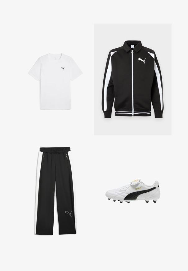 Zwarte sportjas met ritssluiting, witte strepen op de mouwen, wit Puma-logo op de borst en witte gestreepte zoom.; Witte katoenen T-shirt met korte mouwen en een ronde hals, met een klein zwart Puma-logo op de bovenste linkerborst.; Zwarte sportbroek met witte zijstrepen, twee voorzakken met rits, elastische tailleband en een Puma-logo op het linkeronderbeen.; Witte voetbalschoen met zwarte streep, vormgegeven noppen, veters en een klittenbandflap op de tong met gouden logo's.