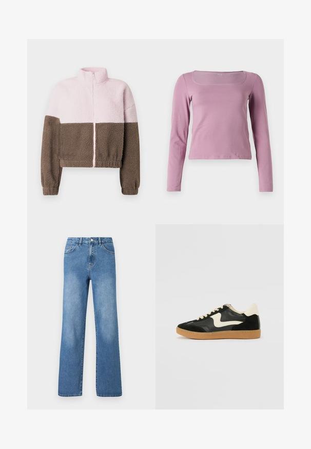Veste en polaire bicolore avec moitié supérieure rose clair, moitié inférieure marron, manches longues, col montant et fermeture éclair avant.; T-shirt à manches longues de couleur rose clair, avec un col carré, une coupe ajustée et un tissu lisse et extensible. Style simple et polyvalent.; Jeans en denim bleu clair avec une taille haute, un design à jambes larges, cinq poches et des détails de couture visibles. Texture lisse avec un léger délavage.; Baskets en daim et cuir noir avec un swoosh latéral crème et un talon crème clair. Dotées de lacets beige et d'une semelle en caoutchouc gomme.