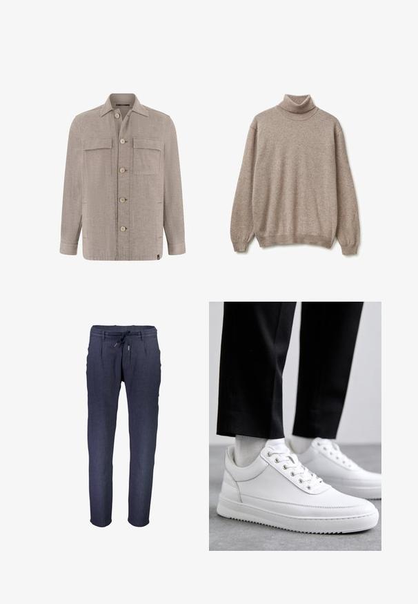 Sobrecamisa beige de manga larga con cuello puntiagudo, cierre frontal con botones, dos bolsillos con solapa en el pecho y puños abotonados.; Suéter beige de cuello alto hecho de un suave tejido de punto. Con mangas largas y un dobladillo acanalado. Diseño simple y acogedor con un detalle mínimo.; Pantalones tapered de color azul marino, hechos de una tela texturizada, con una cinturilla elástica y cordón ajustable, además de bolsillos laterales.; Zapatillas de cuero blanco con una suela de goma plana, que presentan un acabado suave, punta redonda y ojetes de metal para los cordones. Llevadas con pantalones negros.