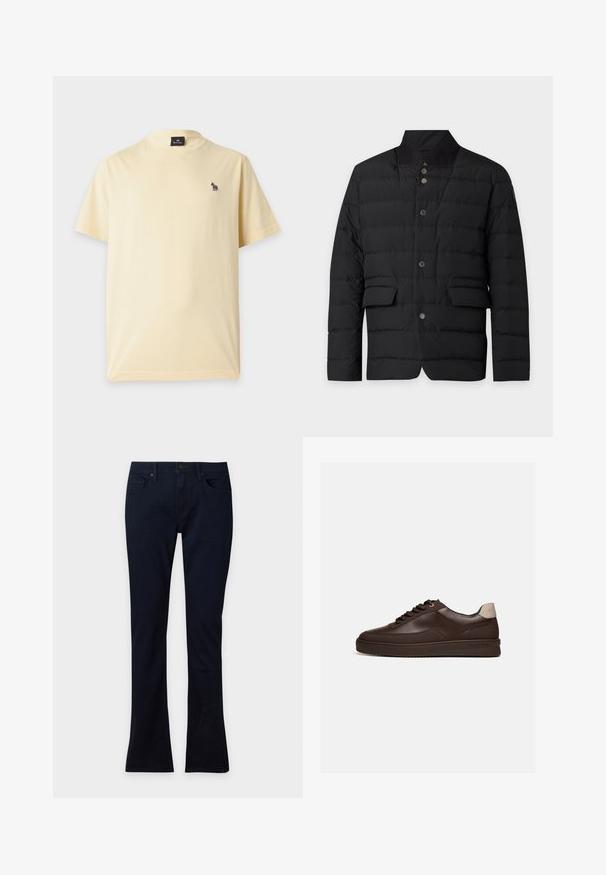 Veste matelassée noire avec col montant, fermeture à boutons-pression à l’avant et deux poches à rabat devant, présentée sur un fond uni.; T-shirt jaune clair à manches courtes avec un petit logo zèbre multicolore sur la poitrine gauche et une étiquette noire à l’intérieur du col.; Jean bleu foncé ajusté avec poches avant, passants de ceinture, fermeture par bouton et jambes légèrement évasées sur un fond uni.; Baskets en cuir marron foncé à profil bas avec une semelle rainurée et une languette beige clair au talon, vues de côté sur fond blanc.
