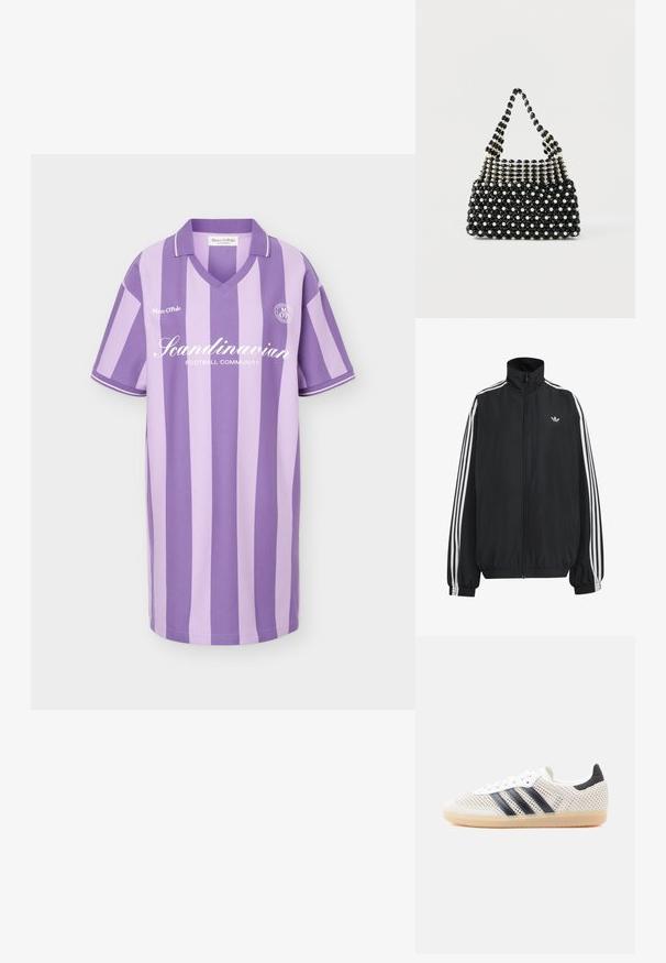 Μαύρο αθλητικό μπουφάν Adidas με λευκές τρεις ρίγες κατά μήκος των μανικιών, πλήρες φερμουάρ μπροστά, ελαστικά μανσέτες και μικρό λογότυπο trefoil στο στήθος.; Πορτοκαλί και λεβάντας κάθετα ριγέ κοντομάνικο πολο φόρεμα με λευκό κείμενο «Scandinavian Football Community» και λογότυπο στο στήθος.; Λευκά αθλητικά παπούτσια από δίχτυ με μαύρο σχέδιο τριών ρίγων, στρογγυλεμένη μύτη και λαστιχένια σόλα καραμελέ. Διαθέτουν μαλακό επένδυση στη φτέρνα και κλείσιμο με κορδόνια.; Μαύρη και λευκή τσάντα χειρός με κοντό χερούλι, διακοσμημένη με εναλλασσόμενες χάντρες που μοιάζουν με μαργαριτάρια και μαύρες πολύεδρες χάντρες σε καρό μοτίβο.