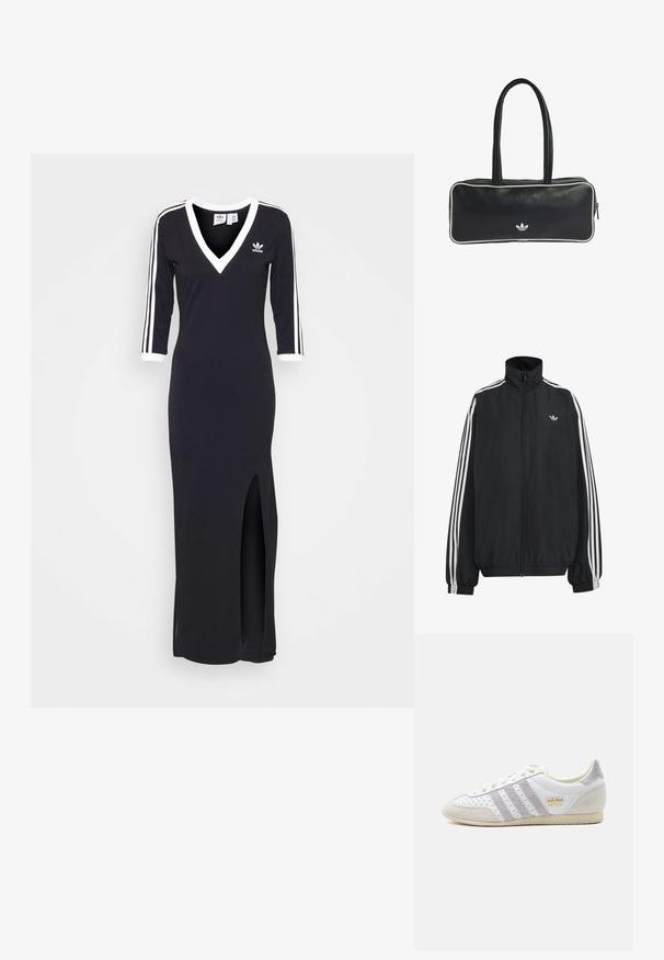 Sort Adidas træningsjakke med hvide tre striber langs ærmerne, fuld lynlås foran, elastiske manchetter og lille trefoil-logo på brystet.; Sort, langærmet kjole med V-udskæring, hvide striber langs ærmerne og en sideslids. Lavet af blødt stof, har et lille logo på brystet.; Hvid Adidas Japan sneaker med grå ruskindstriber og hæl, perforerede sider, beige sål og guld Adidas Japan branding på siden.; Sort lædertaske med rektangulær form, der har to håndtag, hvide kanter og et lille hvidt logo på forsiden.