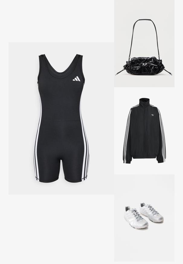 Veste de survêtement Adidas noire avec trois bandes blanches le long des manches, fermeture éclair frontale complète, poignets élastiques et petit logo trèfle sur la poitrine.; adidas Performance ONESIE - Combinaison d'échauffement - black/white; Baskets de sport argentées avec une texture lisse et brillante ; design courbé ; lacets gris ; semelles en caoutchouc avec motifs de traction ; bout arrondi.; Sac à main en cuir noir avec un design froncé et un détail en forme de nœud sur le devant. Dispose d'une poignée courte et d'accents de quincaillerie argentée.