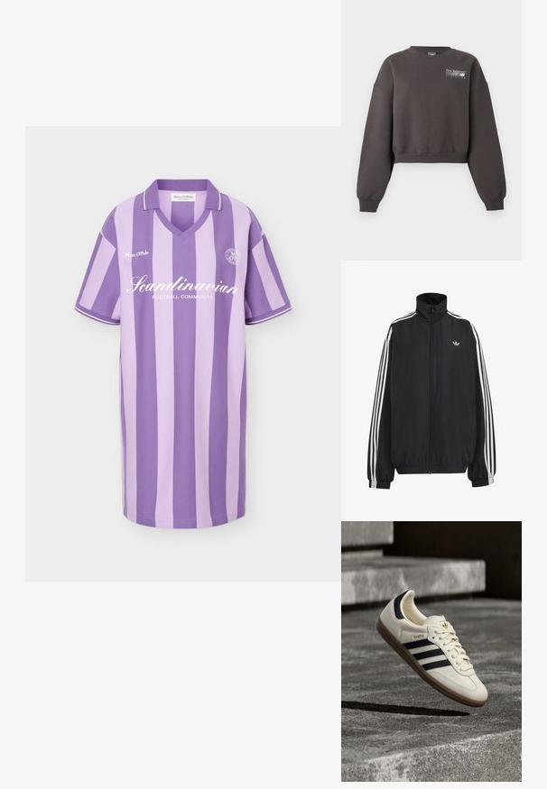 Μαύρο αθλητικό μπουφάν Adidas με λευκές τρεις ρίγες κατά μήκος των μανικιών, πλήρες φερμουάρ μπροστά, ελαστικά μανσέτες και μικρό λογότυπο trefoil στο στήθος.; Σκούρο καφέ cropped φούτερ με μακριά μανίκια και λογότυπο "New Balance Athletics" στο πάνω αριστερό μέρος του στήθους.; Πορτοκαλί και λεβάντας κάθετα ριγέ κοντομάνικο πολο φόρεμα με λευκό κείμενο «Scandinavian Football Community» και λογότυπο στο στήθος.; Άσπρο παπούτσι Adidas Samba με μαύρες λωρίδες και σόλα από καουτσούκ, που αιωρείται πάνω από υφή γκρι σκυρόδεμα σκαλοπατιών.