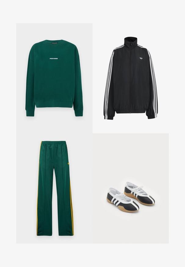 Sort Adidas træningsjakke med hvide tre striber langs ærmerne, fuld lynlås foran, elastiske manchetter og lille trefoil-logo på brystet.; Grøn sweatshirt lavet af bomuld, med rund hals, ribstrikkede manchetter og en hvid "PEGADOR" logo på tværs af brystet.; Grønne sportbukser med gule striber i siden, elastisk taljebånd og to sidelommer. Fremstillet af glat, let materiale.; Sort-hvide sportsko med et slankt design, gummisål, snørebåndslukning og tre hvide striber på siden.