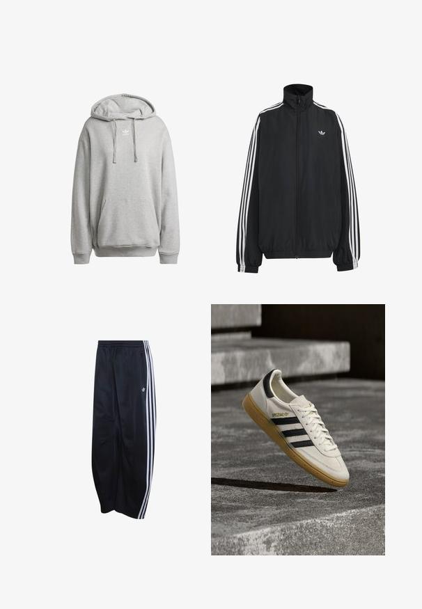 Chaqueta deportiva negra de Adidas con tres franjas blancas a lo largo de las mangas, cremallera frontal completa, puños elásticos y pequeño logo de trébol en el pecho.; Sudadera con capucha gris hecha de una mezcla de algodón, con un bolsillo frontal, puños de canalé y un logo blanco en el pecho.; Pantalones deportivos negros Adidas con cintura elástica, triple raya blanca a los lados, bolsillo con cremallera y logo en la pierna izquierda.; Zapatilla blanca Adidas Spezial con rayas negras y suela de goma flotando sobre escalones de piedra grises al aire libre.