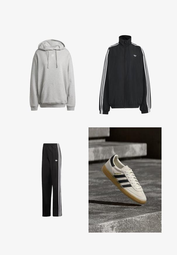 Sort Adidas træningsjakke med hvide tre striber langs ærmerne, fuld lynlås foran, elastiske manchetter og lille trefoil-logo på brystet.; Grå hætte sweatshirt lavet af bomuldsblanding, med en frontlomme, ribbede manchetter og et hvidt logo på brystet.; Sorte træningsbukser i glat stof med hvide lodrette striber på siderne og et lille logo på venstre hofte.; Hvid Adidas Spezial sneaker med sorte striber og gummisål, svævende over grå stentrin udendørs.
