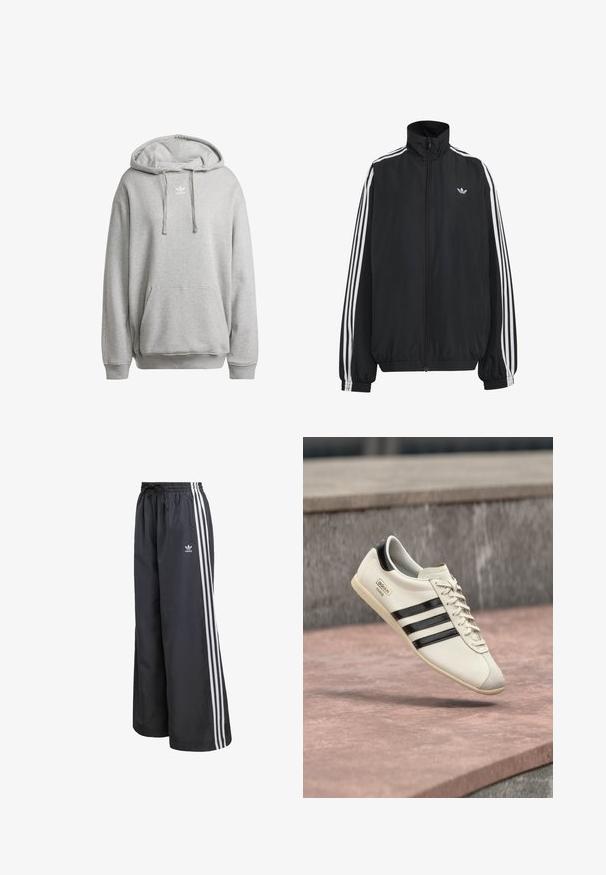 Must Adidas dressipluus valgete kolmekümnendate triipudega varrukatel, täispikk esilukk, elastsed varrukaservad ja väike trefoil logo rinnal.; Halliga halli kaelusega sweatshirt, mis on valmistatud puuvilla segust, sisaldab eesmist taskut, soonikuid ja valget logo rinnal.; Mustad kergekaalulised spordipüksid, millel on kolm valget vertikaalset triipu ning kummist vöökoht paelaga.; Valge Adidas tennisejalats mustade triipude ja beežiga tallaga, hõljumas roosaka betoonpinna ja halli kivi tausta kohal.
