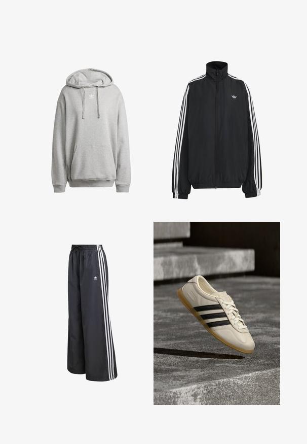 Sort Adidas træningsjakke med hvide tre striber langs ærmerne, fuld lynlås foran, elastiske manchetter og lille trefoil-logo på brystet.; Grå hætte sweatshirt lavet af bomuldsblanding, med en frontlomme, ribbede manchetter og et hvidt logo på brystet.; Sorte atletikbukser lavet af letvægtsmateriale, med tre hvide lodrette striber og en elastisk talje med snøre.; Hvid sneaker med sorte striber og gummisål svæver over betontrapper i blødt dagslys.