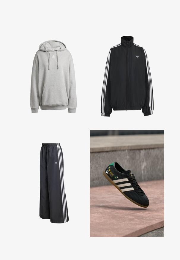 Must Adidas dressipluus valgete kolmekümnendate triipudega varrukatel, täispikk esilukk, elastsed varrukaservad ja väike trefoil logo rinnal.; Halliga halli kaelusega sweatshirt, mis on valmistatud puuvilla segust, sisaldab eesmist taskut, soonikuid ja valget logo rinnal.; Mustad kergekaalulised spordipüksid, millel on kolm valget vertikaalset triipu ning kummist vöökoht paelaga.; Mustad spordijalatsid valgete triipudega, mustriga pealmine osa, lillemotiividega ja rohelise kandosaga. Kummist tallaga, mis tagab hea haarduvuse.