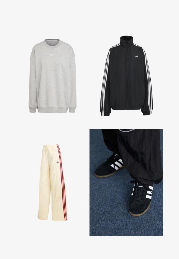 Zwarte Adidas trainingsjas met witte drie strepen langs de mouwen, een rits over de hele voorkant, elastische manchetten en een klein trefoil-logo op de borst.; Grijze sweatshirt van zachte stof, met een ronde hals, lange mouwen, geribbelde manchetten en zoom, voorzien van een klein wit logo aan de voorkant.; Crèmekleurige wijde trainingsbroek met rode zijstrepen, elastische tailleband, ritssluitingzak en rood Adidas-logo op de dij.; Zwarte suède sportschoenen met drie witte strepen en zwarte veters. Een gestructureerde zwarte broek is deels zichtbaar naast de schoenen.