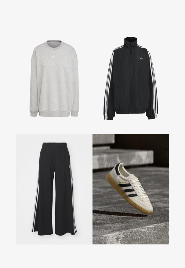 Zwarte Adidas trainingsjas met witte drie strepen langs de mouwen, een rits over de hele voorkant, elastische manchetten en een klein trefoil-logo op de borst.; Grijze sweatshirt van zachte stof, met een ronde hals, lange mouwen, geribbelde manchetten en zoom, voorzien van een klein wit logo aan de voorkant.; Zwarte broek met wijde pijpen en een elastische tailleband, met drie witte strepen langs de buitenkant en een klein logo aan de voorkant.; Witte Adidas Spezial sneaker met zwarte strepen en gumzool, zwevend boven grijze stenen trappen buiten.