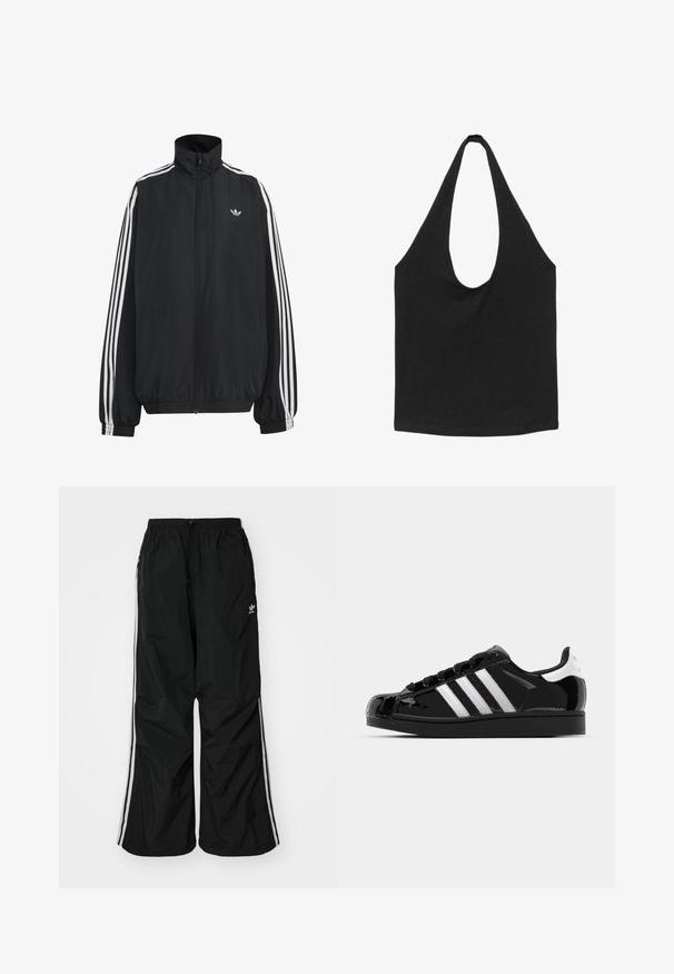 Sort Adidas træningsjakke med hvide tre striber langs ærmerne, fuld lynlås foran, elastiske manchetter og lille trefoil-logo på brystet.; Sort stof-tote taske med brede, afrundede skulderstropper og et åbent hovedrum, vist mod en hvid baggrund.; Sorte vindjakke-bukser med elastisk talje, snøre, hvide side-striber, løs pasform og en lille logo på venstre side.; adidas Originals SUPERSTAR II - Sneakers - core black/footwear white/gold metallic