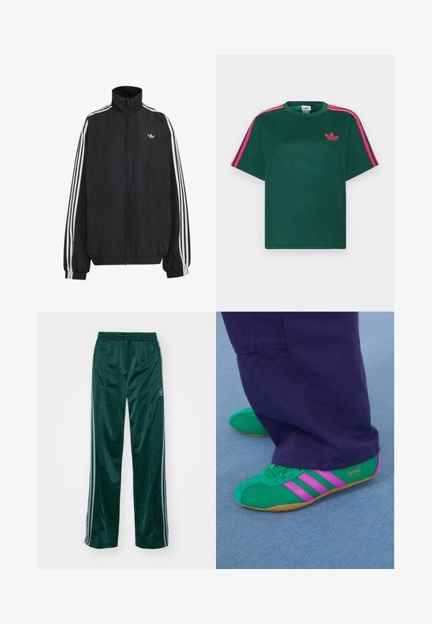 Veste de survêtement Adidas noire avec trois bandes blanches le long des manches, fermeture éclair frontale complète, poignets élastiques et petit logo trèfle sur la poitrine.; T-shirt vert à manches courtes avec des rayures roses vives sur les épaules et le logo trèfle d'Adidas sur la poitrine.; Pantalons de sport vert foncé en matériau brillant, avec des bandes latérales gris clair et un logo brodé sur la jambe gauche.; Des chaussures de sport en suede vert et violet avec trois accents rayés et une semelle en gomme, assorties à un pantalon violet, sur une surface bleue douce.
