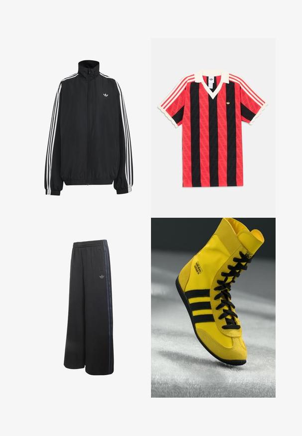 Zwarte Adidas trainingsjas met witte drie strepen langs de mouwen, een rits over de hele voorkant, elastische manchetten en een klein trefoil-logo op de borst.; Rood-zwart gestreept shirt met korte mouwen, verticale strepen, witte kraag en manchetten, met een klein gouden Adidas-logo en rode strepen op de mouwen.; Zwarte wijde broek met elastische tailleband, zijzakken en drie donkerblauwe strepen langs de zijkanten met het Adidas-logo op één pijp.; Hoge sneakers van gele synthetische materialen, met zwarte veters, drie zwarte strepen en branding op de zijkant. Gekreukt rubberen zool.