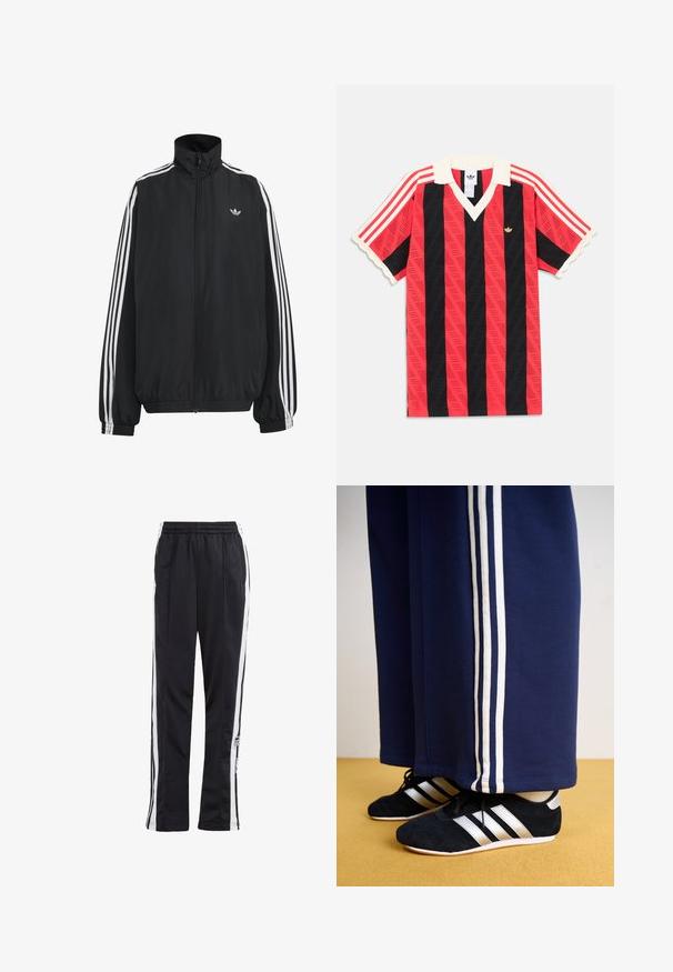 Čierna Adidas športová bunda s bielymi tromi pásikmi po celej dĺžke rukávov, so zipsom po celej prednej časti, elastickými manžetami a malým logom trefolo na hrudi.; Červená a čierna pásikavá košeľa s krátkym rukávom, bielym golierom a manžetami, s malým zlatým logom Adidas a červenými pruhmi na rukávoch.; Čierne tepláky so bielymi bočnými pruhmi, elastickým pásom a logom. Vyrobené z hladkej, ľahkej tkaniny. Rovný strih.; Námornícke tepláky s tromi bielymi vertikálnymi pruhmi a čiernymi atletickými topánkami so striebornými pruhmi a textúrovaným povrchom. Žltá podlaha.