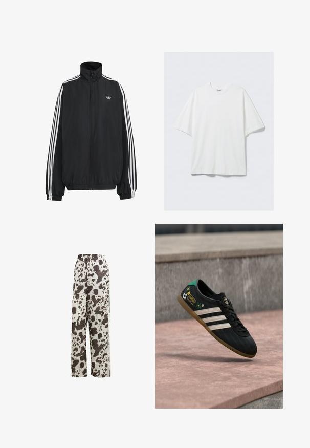 Zwarte Adidas trainingsjas met witte drie strepen langs de mouwen, een rits over de hele voorkant, elastische manchetten en een klein trefoil-logo op de borst.; Wit oversized katoenen T-shirt met korte mouwen, ronde hals en een klein merkembleem aan de binnenkant van de kraag.; adidas Originals COW PRINT SATIN WIDE LEG - Trainingsbroek - multicolor off white; Zwarte sportschoen met witte strepen, een bovenwerk met patroon en bloemenaccenten, en een groene hiel. Rubberen zool zorgt voor grip.