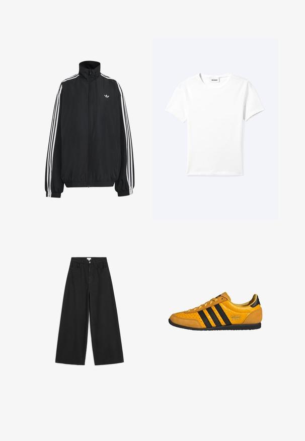 Čierna Adidas športová bunda s bielymi tromi pásikmi po celej dĺžke rukávov, so zipsom po celej prednej časti, elastickými manžetami a malým logom trefolo na hrudi.; Jednofarebné biele tričko s krátkym rukávom a okrúhlym výstrihom, s malou štítkou "WEEKDAY" vo vnútri výstrihu, zobrazené na svetlom pozadí, položené na rovnej ploche.; Čierne džínsové nohavice so širokými nohavicami, s predným zapínaním na gombík a zips, dvoma prednými vreckami a opaskovými očkami, položené na bielom pozadí.; Žltá kožená teniska s čiernymi pruhmi, viazaním na šnúrky, perforovanou špičkou a textúrovanými detailmi na päte s označením "adidas Japan." Podošva z gumy.