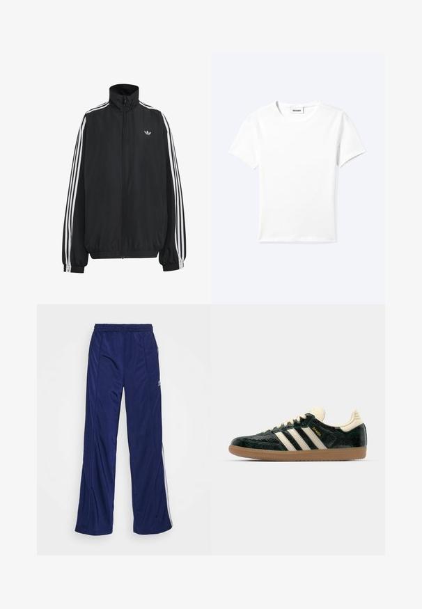 Melna Adidas sporta jaka ar baltām trim svītrām gar piedurknēm, pilnas garuma rāvējslēdzēju priekšpusē, elastīgiem aprocēm un nelielu trejlapu logo uz krūtīm.; Vienkārša balta īsroku krekla ar apaļu kakla izgriezumu un nelielu "WEEKDAY" etiķeti kakla iekšpusē, attēlota noliekta uz gaiša fona.; Jūras spēku sporta bikses ar elastīgu jostu, taisnām kājām un sānu rāvējslēdzējiem. Iekļautas baltas apdare gar malām. Gluda auduma tekstūra.; adidas Originals SAMBA OG - Treniņu apavi - cream white/collegiate green