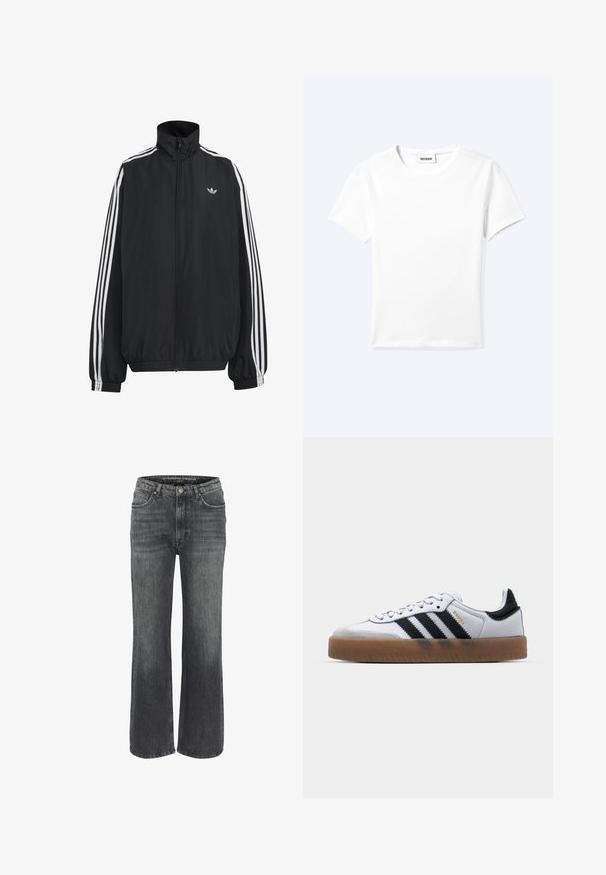 Čierna Adidas športová bunda s bielymi tromi pásikmi po celej dĺžke rukávov, so zipsom po celej prednej časti, elastickými manžetami a malým logom trefolo na hrudi.; Jednofarebné biele tričko s krátkym rukávom a okrúhlym výstrihom, s malou štítkou "WEEKDAY" vo vnútri výstrihu, zobrazené na svetlom pozadí, položené na rovnej ploche.; Džínsy s širokými nohavicami v tmavošedej denimovej farbe, so klasikou päťvreckového dizajnu, šitými detailmi a gombíkovým zapínaním v páse.; Biele kožené tenisky s čiernymi pruhmi, gumová podrážka, okrúhla špička, šnurovanie a mäkký sivý semišový špička.
